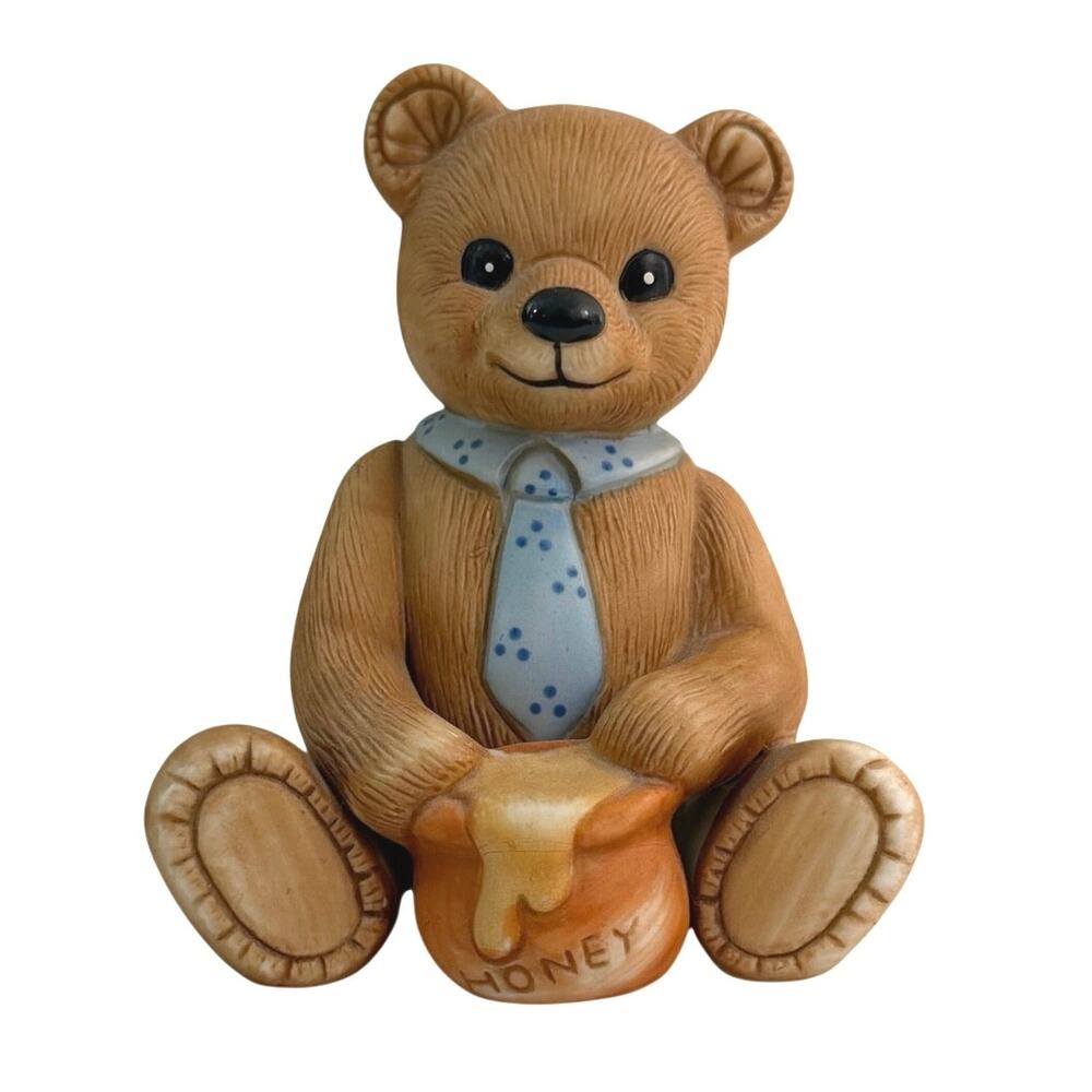HOMCO porcelain teddy bear figure holding honey pot wearing blue tie